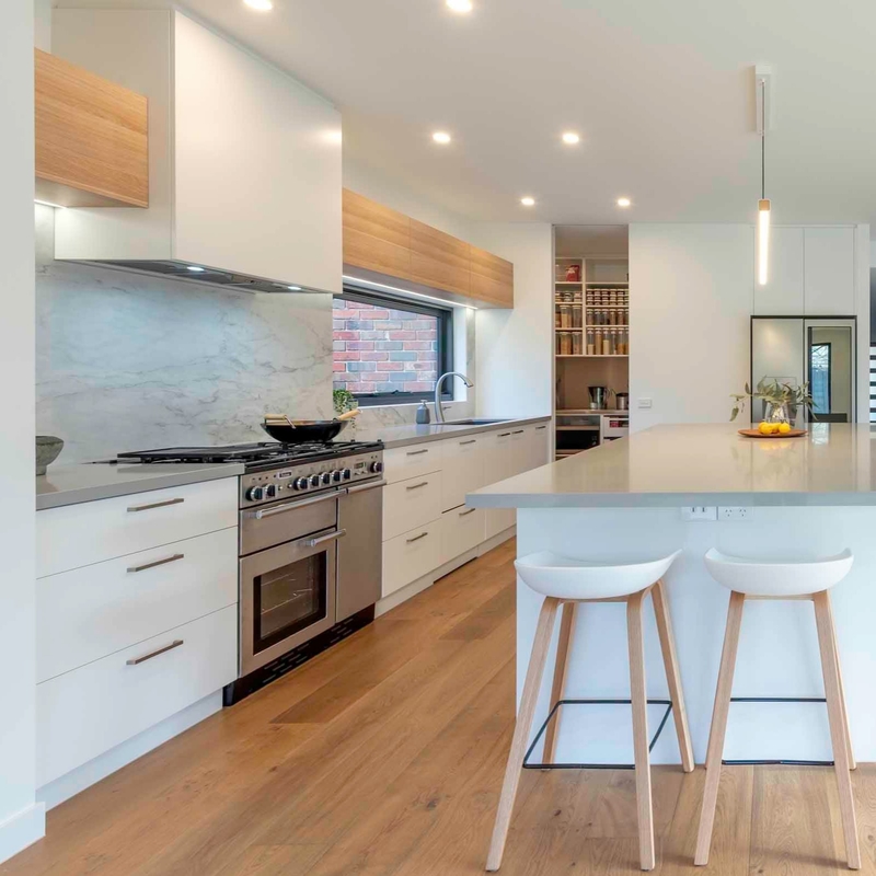 Tủ bếp Melamine dạng mở dạng L có đảo