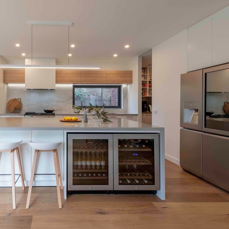 Tủ bếp Melamine dạng mở dạng L có đảo
