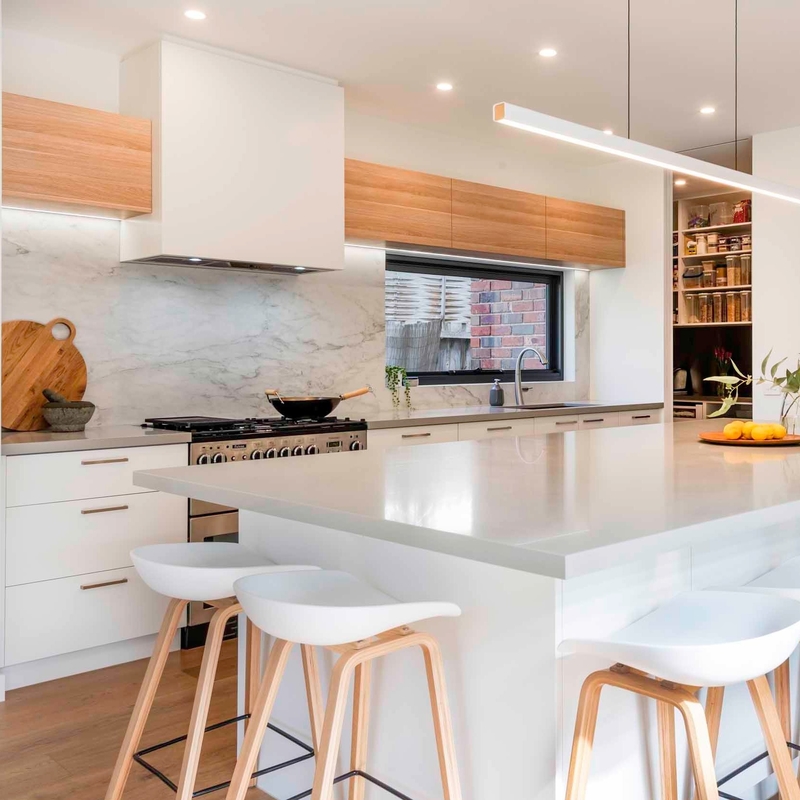 Tủ bếp Melamine dạng mở dạng L có đảo