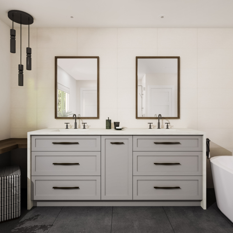 Sàn gỗ Gắn sơn mài Phòng tắm Vanity Đơn vị màu xám nhạt Máy lắc 72 inch Gương đôi