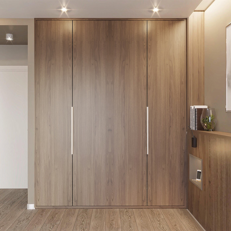 Hiện đại I Shaped Cửa Swing Tủ quần áo kết cấu gỗ Gỗ Veneer với đèn Led Tủ quần áo phòng ngủ sang trọng