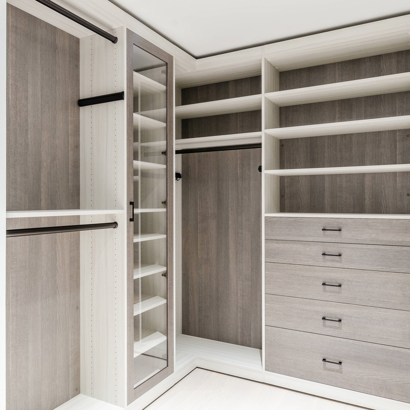 U Shape Matte Grey Melamine đi qua tủ quần áo Lối đi bằng gỗ trong kho chứa áo choàng