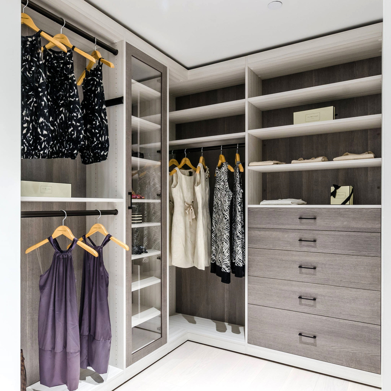 U Shape Matte Grey Melamine đi qua tủ quần áo Lối đi bằng gỗ trong kho chứa áo choàng