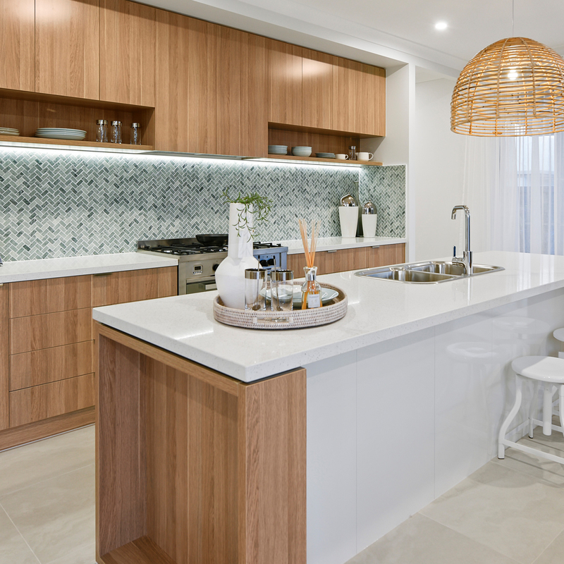 Bộ tủ bếp Melamine kết hợp nhiều màu kết cấu gỗ trắng