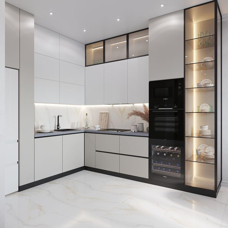 Tủ trưng bày bếp bằng kính góc sang trọng Sẵn sàng lắp ráp Tủ bếp sơn mài Storge hiện đại