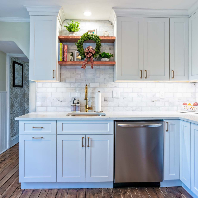 Hoa Kỳ phổ biến hiện đại căn hộ nội thất hình dạng L màu trắng thermfoil nhà bếp tủ Shaker bộ đầy đủ