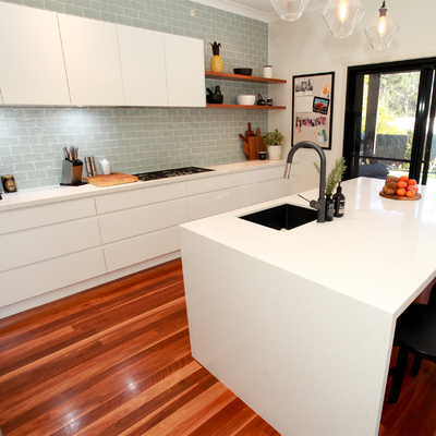 Bàn ăn Melamine trắng không tay L Shape Kitchen Center Unit Island